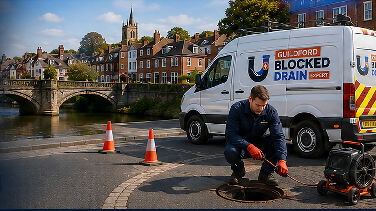 Guildford Blocked Drain Expert engineer clearing a drain beside a service van